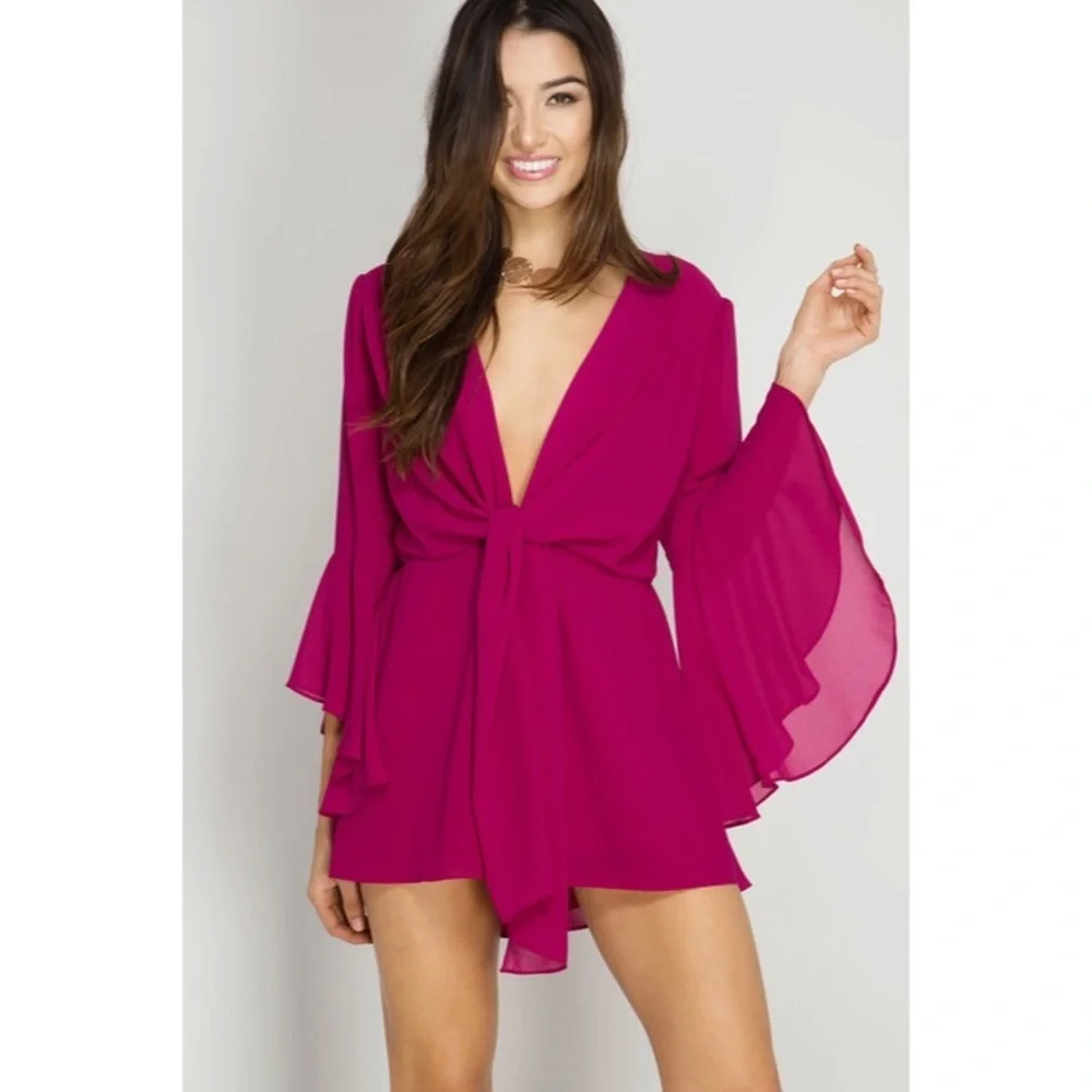 She + Sky Silk Plunge Bell Sleeve Romper Berry Pink